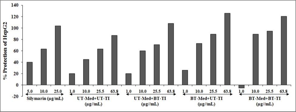  Effect of the test formulation on the percent protection of human liver cancer (HepG2) cells in terms of decreased alanine amino transaminase (ALT) activity under the stimulation of tert-butyl                   hydroperoxide (t-BHP). UT: Untreated; Med: Medium; BT: Biofield Treated; TI: Test item.