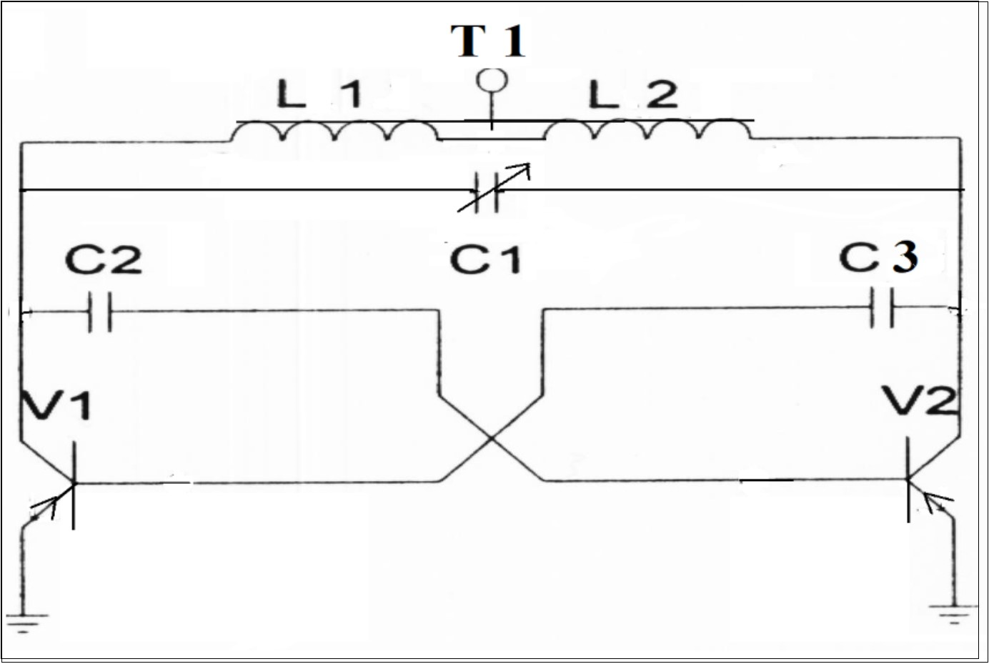  Electronic circuit physically modeling system (7). T1- standard fly back transformer with a closed                   ferrite core L1  has  12 turns, L2has 400 turns, C1  - air variable capacitor, C2 - 800 pF, C3 -0.25 μF, V1 V2 - transistors of NTE33 type.