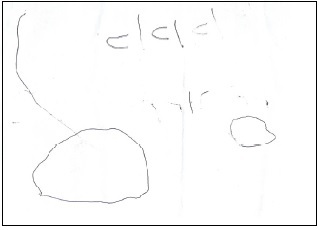  The boy started writing despite having difficulty in holding the pen. He tried to draw a circle and an easy word, but he couldn’t draw a straight line