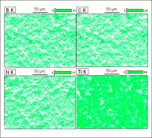  Microstructural representation and EDS maps of BTNC sample analysis displays elemental analyses of the various regions of the sintered samples. Secondary electron image, atomic concentration cartographies of B, Ti, N and C of polished and etched             surface for the sintered samples
