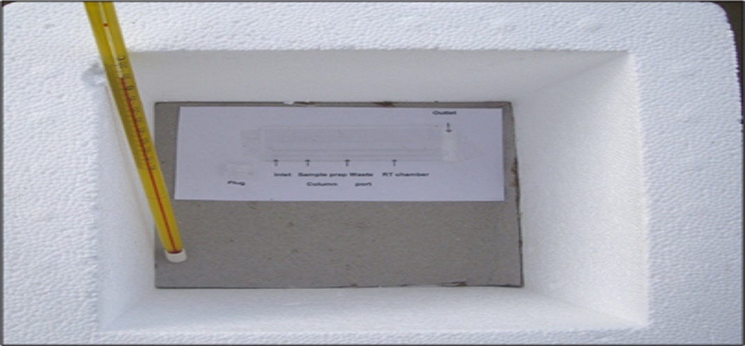 Styrofoam box containing the HT microfluidic device and a thermometer       