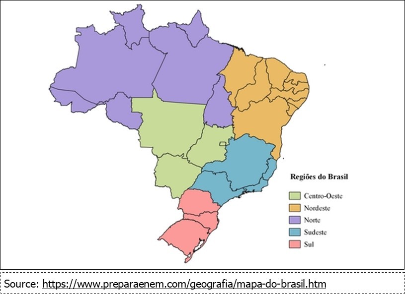  Map of Brazil: and their regions - Midwestern Region green color.