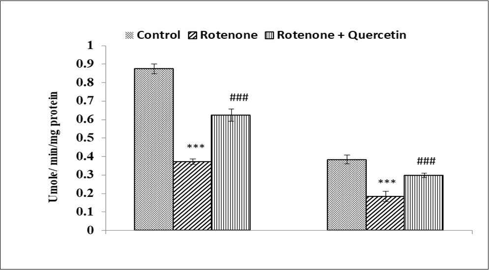  Effect of rotenone and co-treatment of rotenone and quercetin on catalase in liver and kidney of mice. The results were expressed as mean±SE (n=04). ***(p<0.001),                   Significantly differs from control group, ###(p<0.001) Significantly differs from rotenone treated group.
