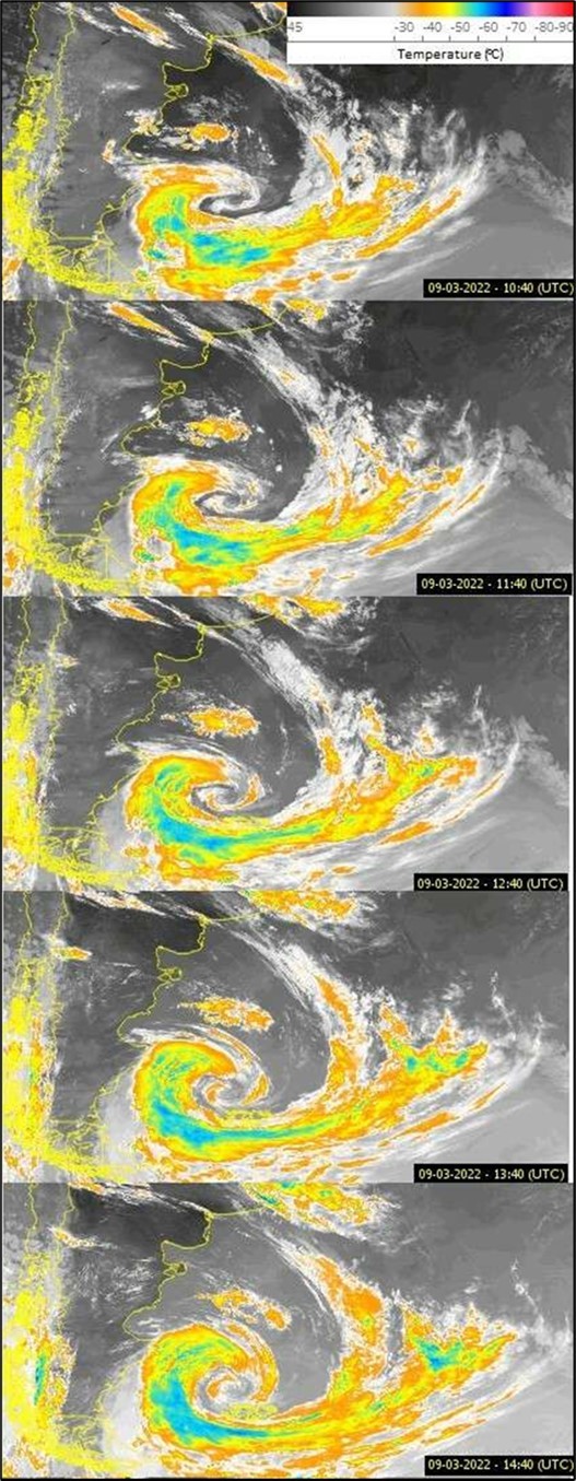  Enhanced satellite images (Adapted) taken from the REDEMET website  for cloud temperature data   between March 09, 2022 10:40 UTC to 14:40 UTC. 31