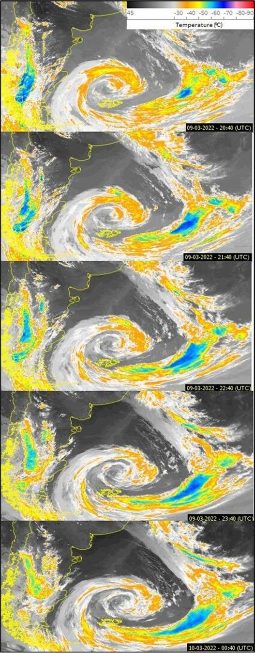  Enhanced satellite images (Adapted) taken from the REDEMET website  for cloud temperature data               between March 09, 2022 20:40 UTC to March 10, 2022 00:40 UTC. 31