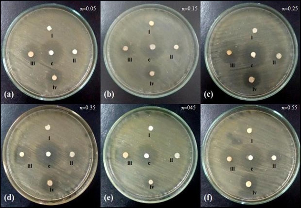 Antibacterial activities of Mg0.45Mn0.55−xNixFe2O4 (0.00 ≤ x ≤ 0.55) ferrite particles for various concentrations