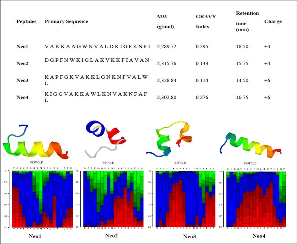 Figure 2. Pep-fold analysis of Neo's peptides. PEP-FOLD3 on-line interactive visualization of the models generated is based on the PV javascript protein viewer. Different representations as well as colouring schemes can be selected. A menu makes possible to select a model among the 10 best models (representatives of the 10 best clusters). It corresponds to a graphical representation of the probabilities of each Structural Alphabet (SA). Letter (vertical axis) at each position of the sequence (horizontal axis). Note that SA letters correspond to fragments of 4 residue length. The profile is presented using the following color code: red: helical, green: extended, blue: coil.