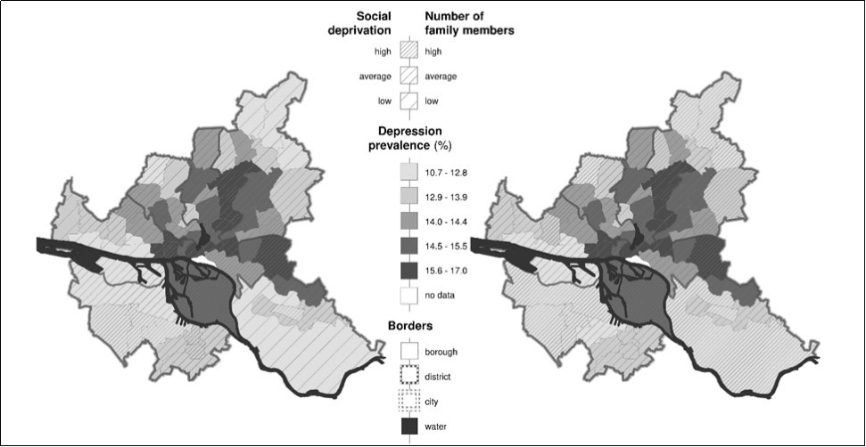  Prevalence rates of depression and spatial distribution of the variables “social deprivation” and “number of family members” per borough, Hamburg, Germany, 2011. Overall treatment prevalence, excluding the age group of 0–17 years of age, both sex. Population are all statutory health insured patients with at least one contact to a contract physician working in the ambulatory sector, including psychotherapists per year. Classification of prevalence rates was conducted using quantiles. The variables “social deprivation” and “number of family members” were obtained from a previously conducted PCA 1721.