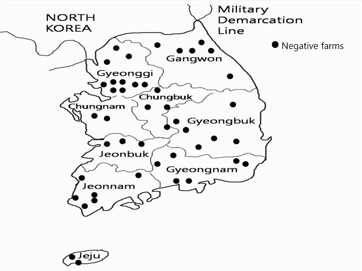  Locations of investigated swine farms for LACV, RVFV, and BUNV.