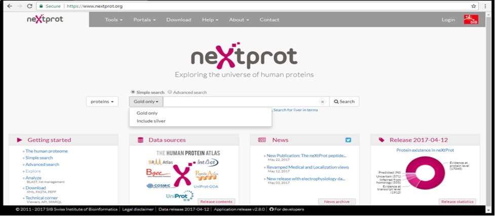  NeXtProt home page having menus in header and footer making easy for the user to access all the neXtProt content, gold or silver written with the search bar refers to the quality of data.