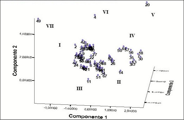  Spatial distribution of the accessions generated by principal component analysis using the morpho-agronomic variables and the number of chromosomes. The number of each accession is shown in Table 1.