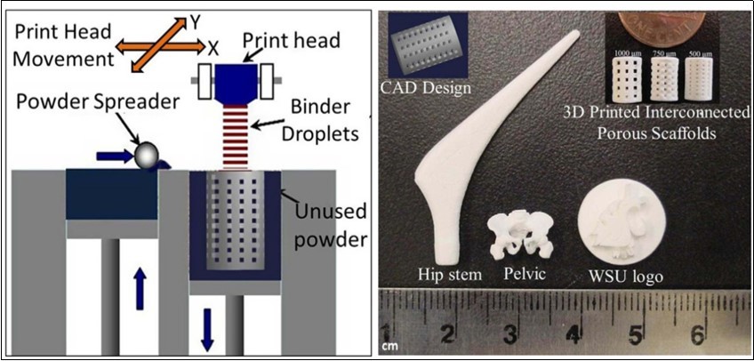  A schematic of 3D printing and some 3D printed parts (fabricated at Washington State University) showing the versatility of 3D printing technology for ceramic scaffolds fabrication with complex architectural features. Reprinted from Ref. 10 with permission.