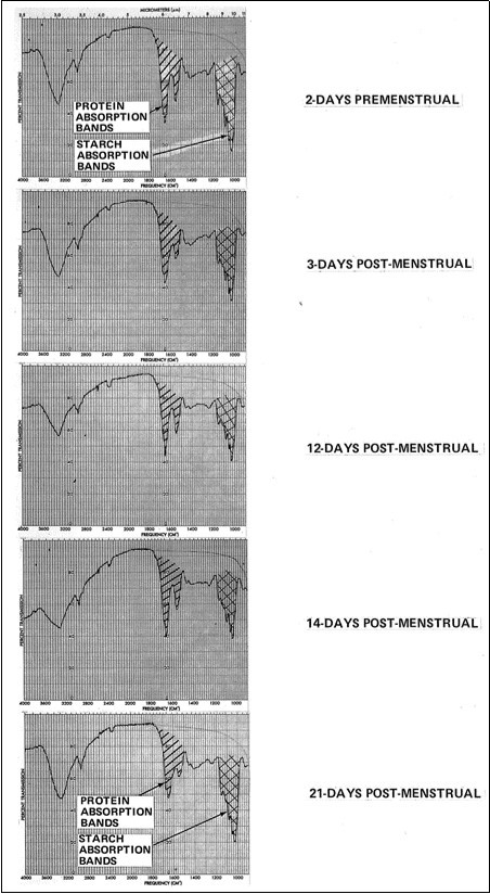  A comparative illustration of the actual IR spectral variations in daily specimens from a vaginal mucin donor, arranged from top to bottom in relation to reported menstrual cycle day (consider Day 1 as the first day of that person’s menstrual flow for that month).