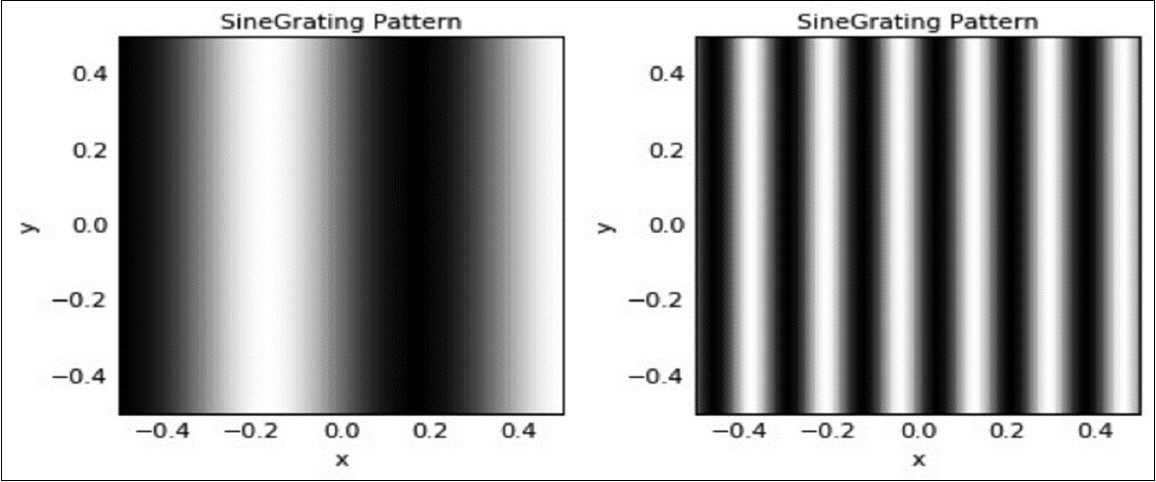  Stimuli used for post-training testing: Left – low spatial frequency stimulus (frequency = 1.5 cycles per image); Right – medium spatial frequency stimulus (frequency = 6 cycles per image).