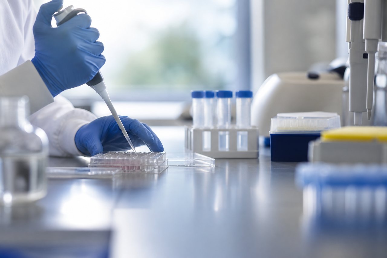 A gloved researcher in a laboratory coat pipetting into a multiwell culture plate on a bench, with tube racks and pipette tip boxes beside it.