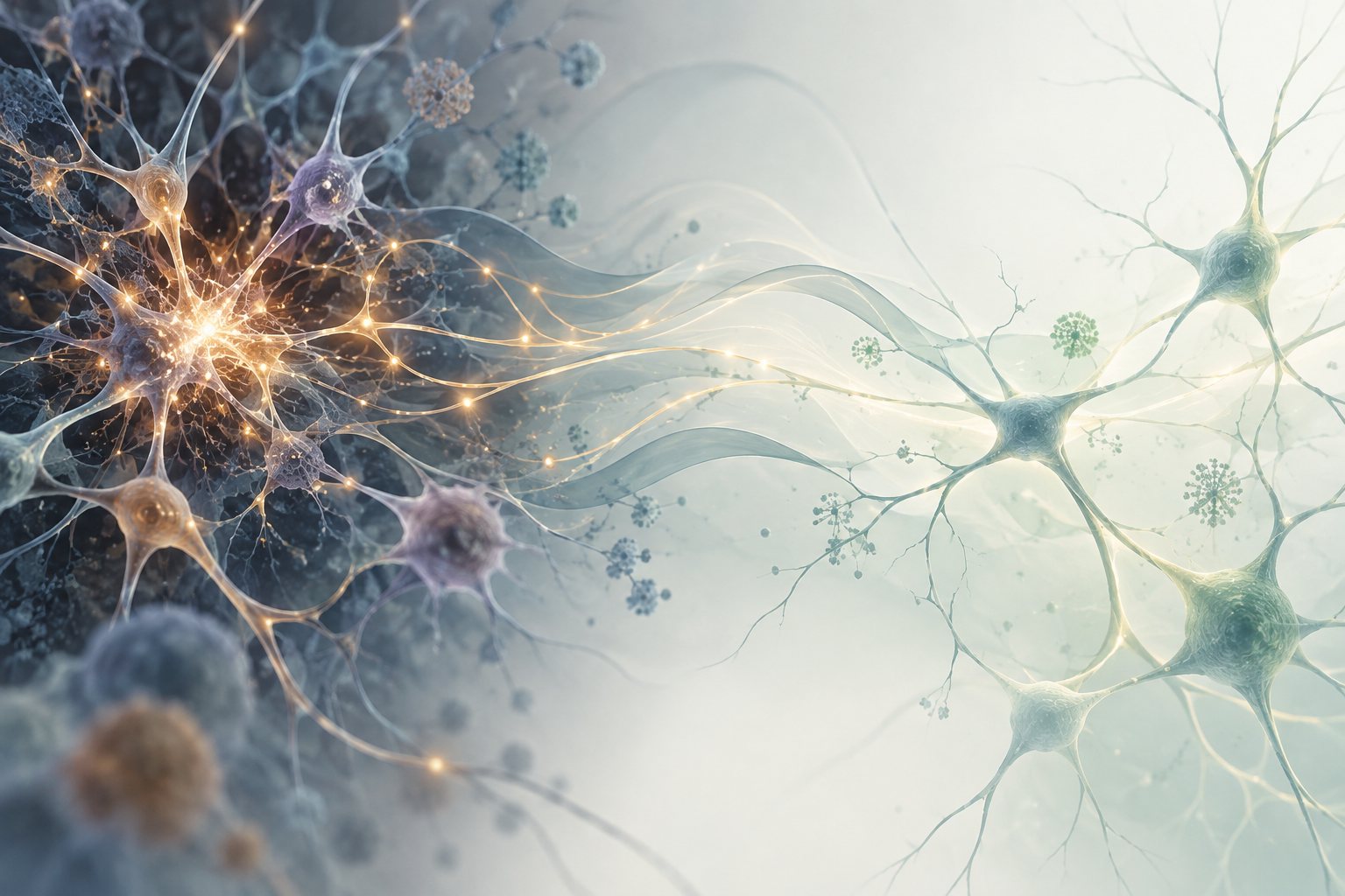 Conceptual editorial illustration: a dense, brightly lit cluster of neuron-like forms at the left opens into a calmer, paler field of separated forms at the right.