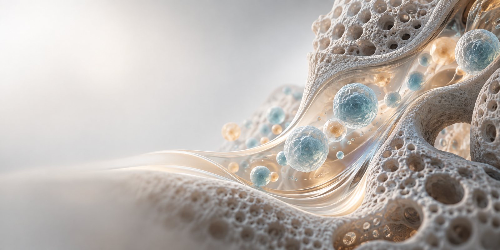 Abstract illustration: a porous white material threaded by smooth curved channels, with small translucent spheres suspended along them.