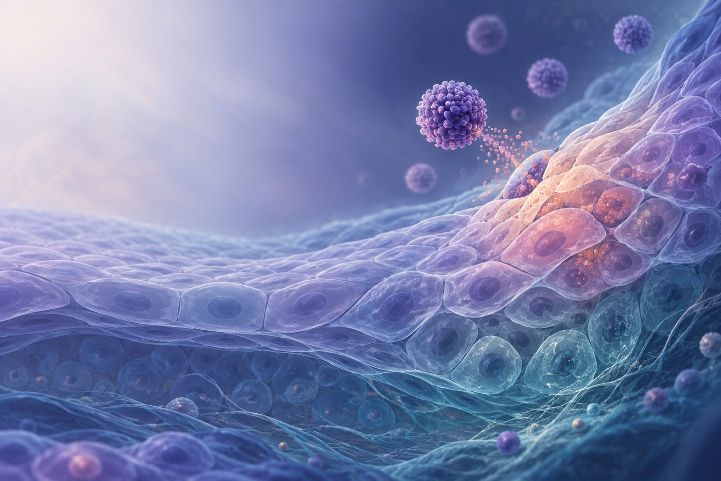 Stylized illustration of a layered sheet of epithelial cells with virus particles above it.