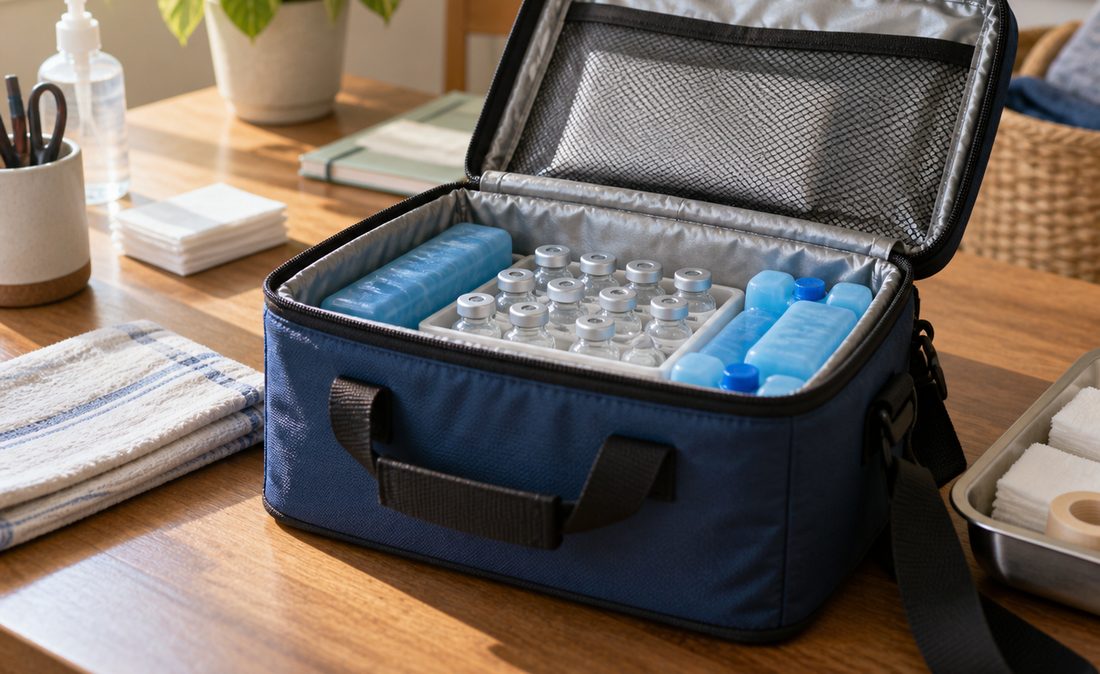 An insulated vaccine carrier open on a wooden preparation table in daylight, holding a tray of unlabeled vials and blue cooling packs.