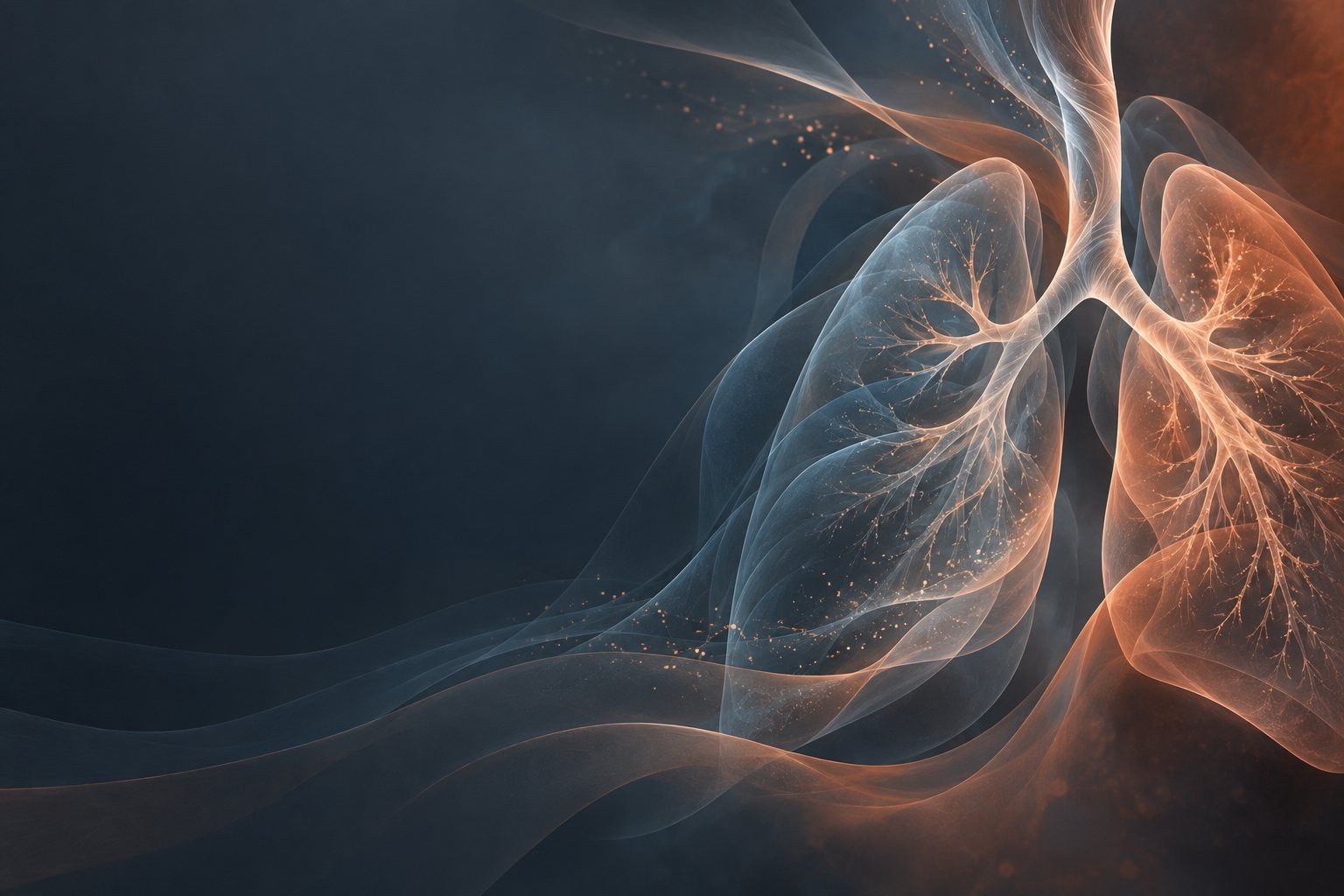 Conceptual artwork: translucent branching airway and lung forms in slate and terracotta.