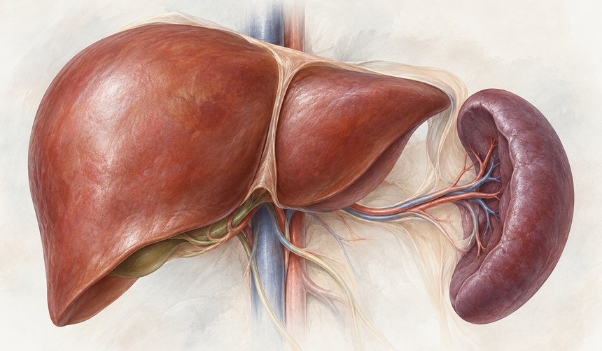 Editorial illustration of the liver, at left, and the spleen, at right, shown in their anatomical relationship with the vessels that run between them.