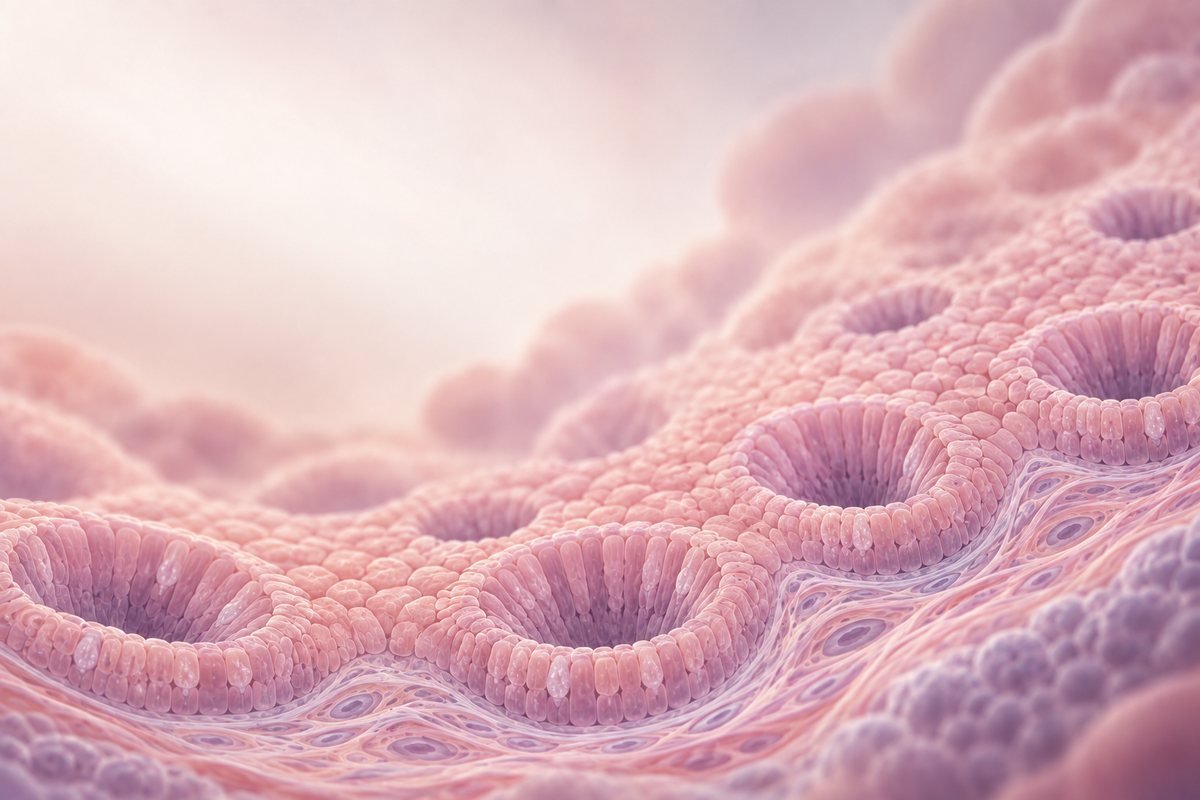 Editorial illustration of a colonic mucosal surface, showing rounded tubular crypt openings across a soft pink and lilac field.