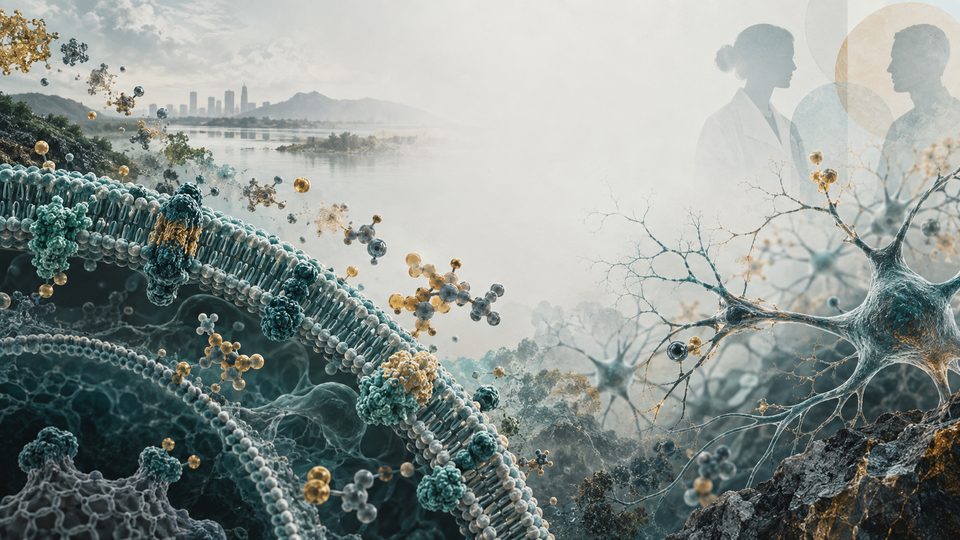 Conceptual illustration: a lipid membrane with embedded proteins, small molecules dispersed through water, branching neurons and a distant shoreline.