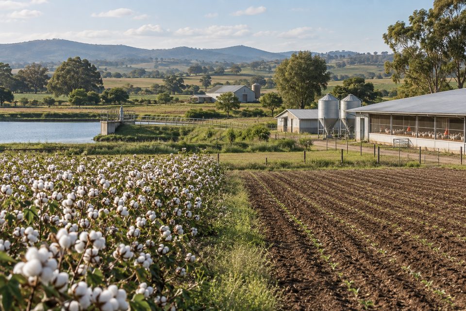 A mixed farm: cotton in flower beside a freshly tilled seedbed, a water storage pond with pumping infrastructure, and open-sided poultry housing with feed silos below wooded hills.
