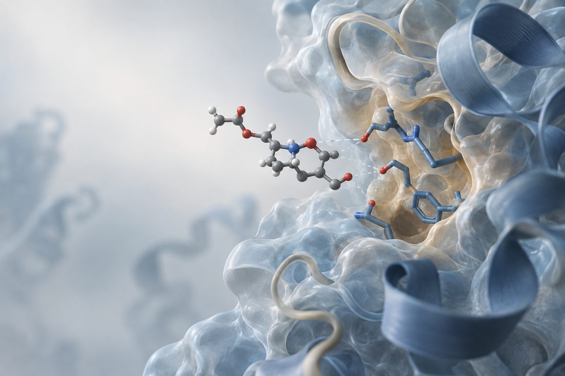 A substrate molecule approaching the binding pocket of an enzyme, with alpha-helices, side chains and hydrogen-bond contacts around the site.